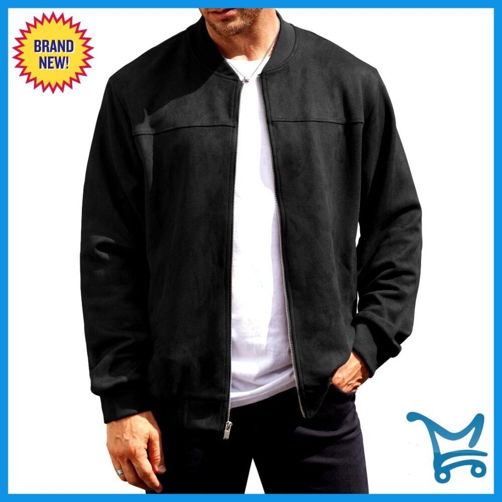 Men's Faux Suede Bomber Jacket Full Zip Casual Flight Coat S-XXL